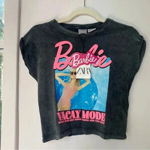 NWT Zara x Barbie Tee Shirt Top Pink Black Vacay Mode XS